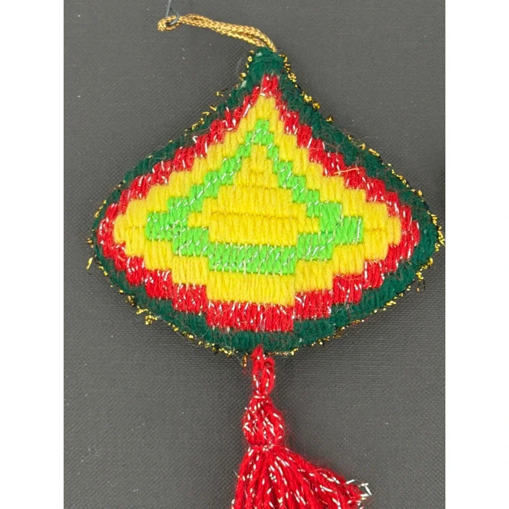 Vintage Handmade Needlepoint Christmas Ornaments Set 2 Red Green Yellow Tassels